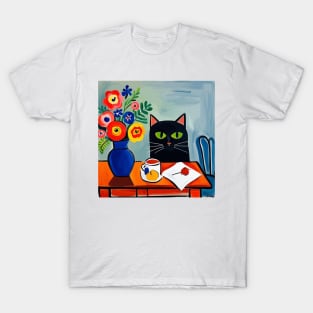 Black Cat with Flowers in a Blue Vase Still Life Painting T-Shirt